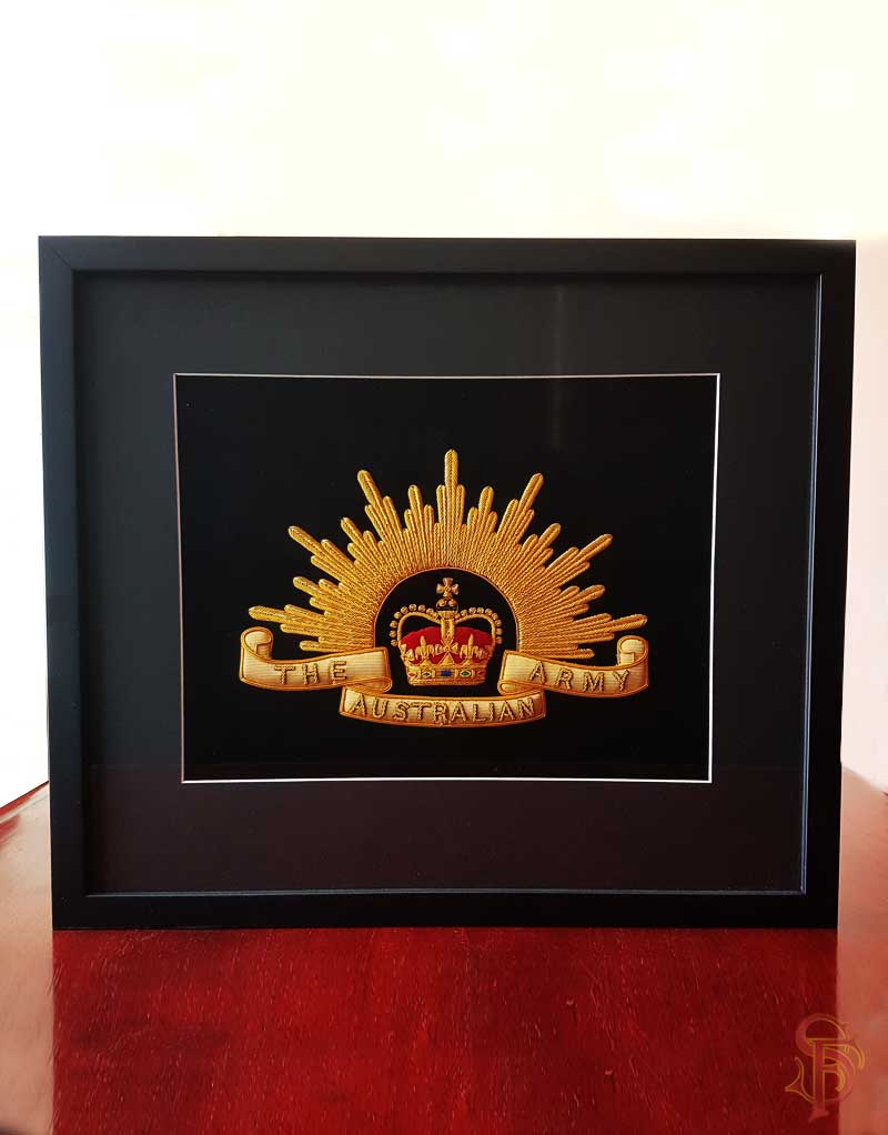Mounted and Framed Embroidered Army Rising Sun Badge, memorabilia